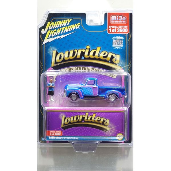 画像1: JOHNNY LIGHTNING 1/64 1950 Chevy 3100 Pickup Lowrider Blue with Lowrider Enthusiast Figure (1)