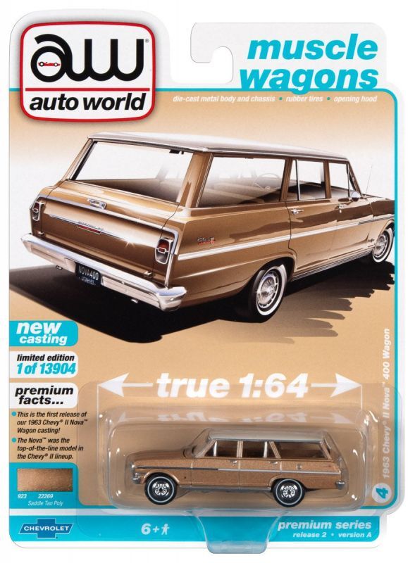 auto world 1/64 1963 Chevy II 400 Nova Station Wagon Tan / White -  AXELLWORKS HOBBYTOWN